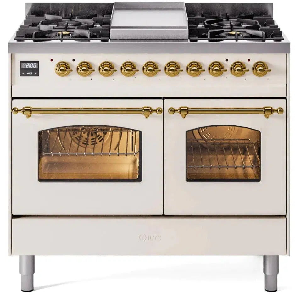 ILVE 40'' Nostalgie II Antique White Dual Fuel Natural Gas Range with Brass Trim