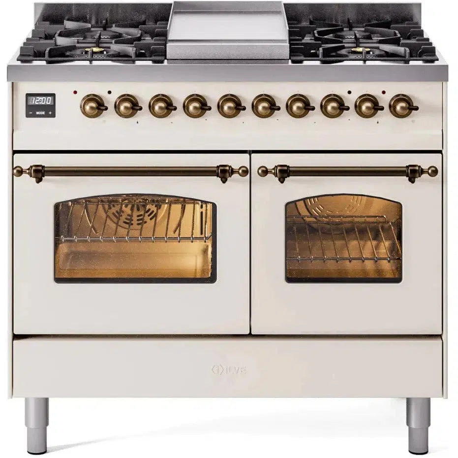 ILVE 40'' Nostalgie II Antique White Dual Fuel Natural Gas Range with Bronze Trim